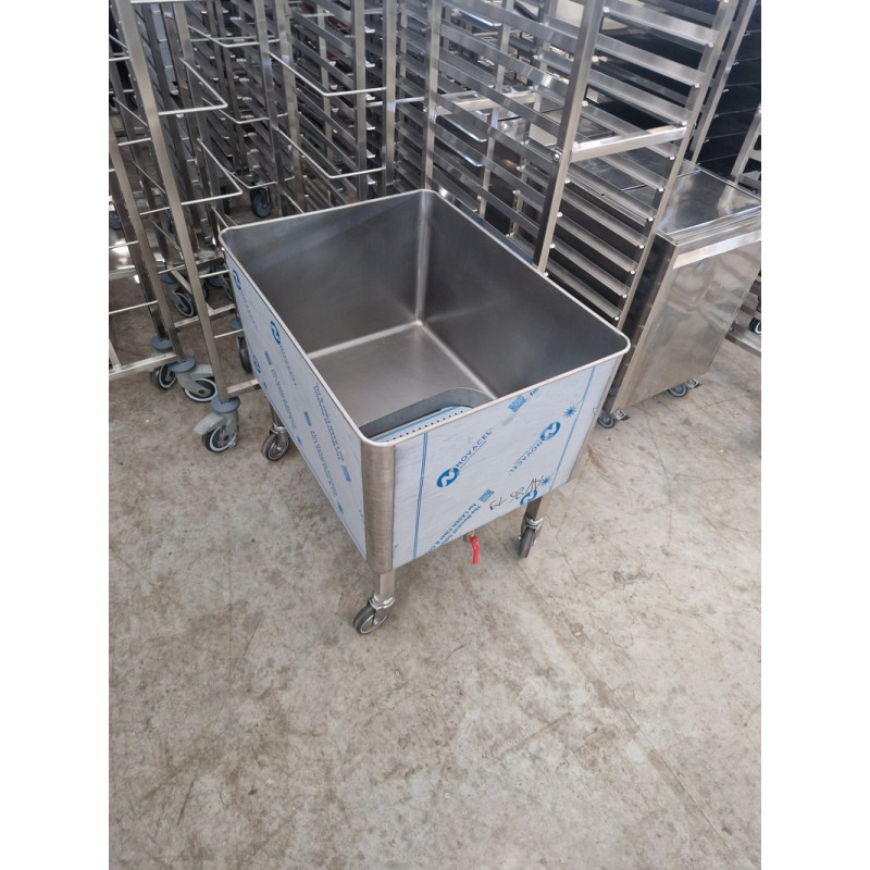 Cuve inox avec robinet de vidange sur roulettes